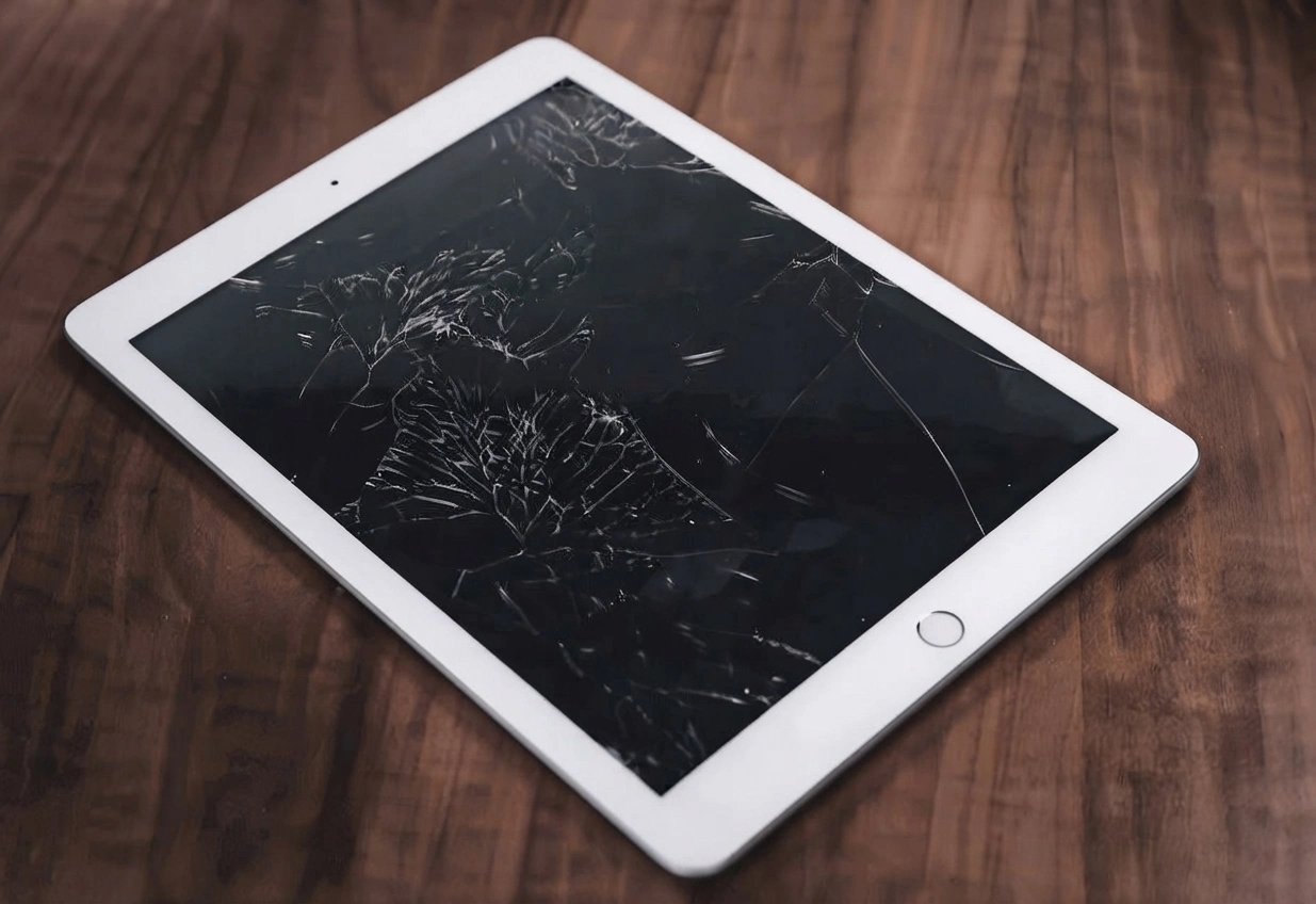 iPad with a cracked screen being assessed for repair