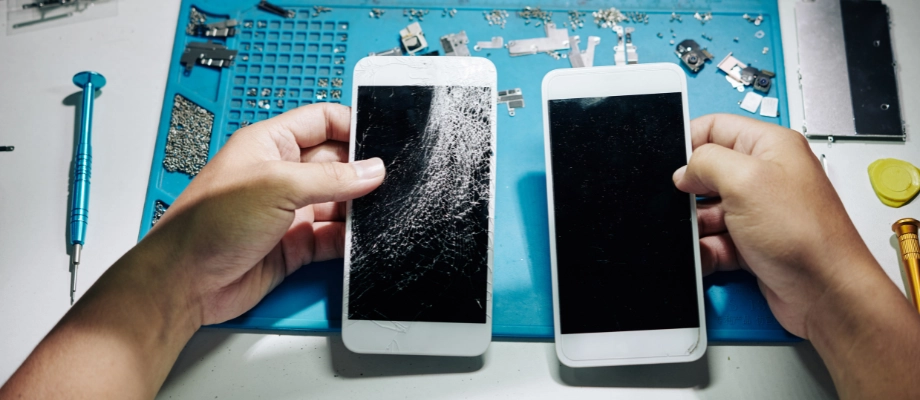 Technician assessing an older smartphone to decide between repair and replacement