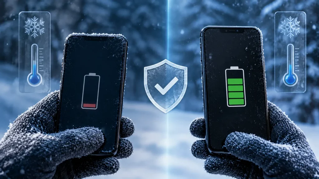 Smartphone in cold winter weather showing battery drain